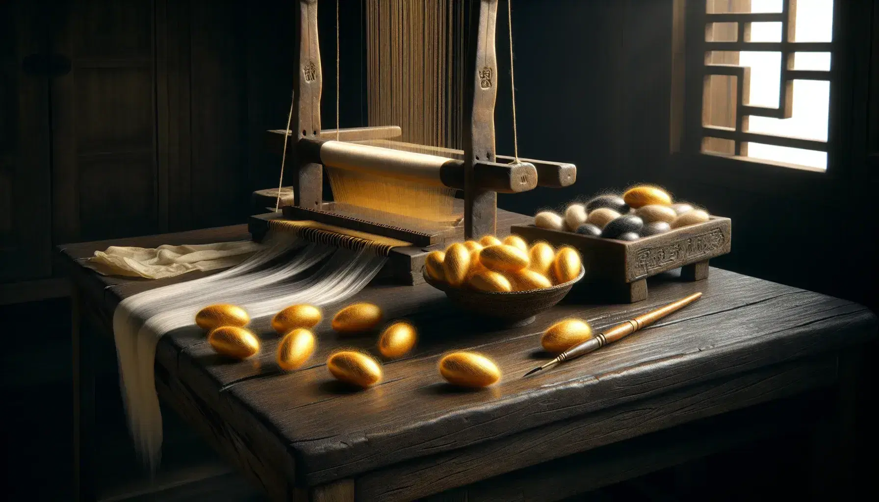 Scena di antica bottega cinese per la produzione della seta con bozzolo dorato, fili di seta, telaio in legno, pietra per calligrafia e pennello.