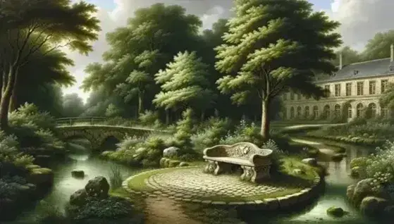 Serene French-style garden with a carved stone bench, meandering stream, rustic footbridge, and a classical stone building amid lush greenery.