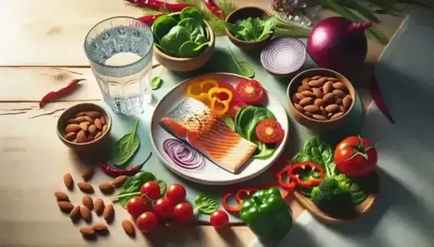 Plato de salmón a la parrilla con bordes dorados, acompañado de hojas de espinaca y lechuga, rodajas de tomate, anillos de cebolla morada y pimientos, sobre superficie de madera clara.