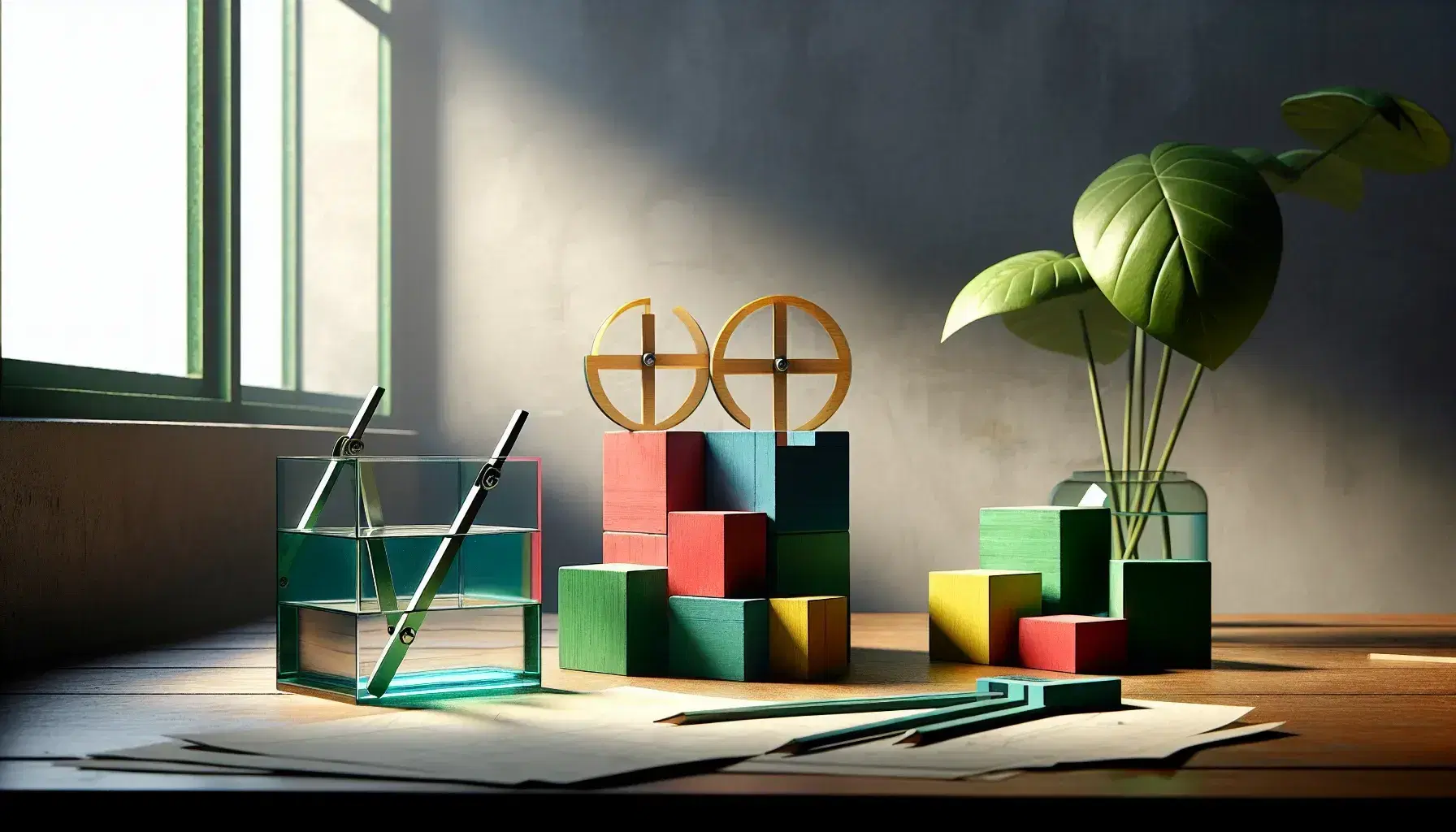 Serene classroom with geometric shapes on a table, a green chalkboard eraser, colorful wooden blocks, a glass container with leaves, and a compass on paper.
