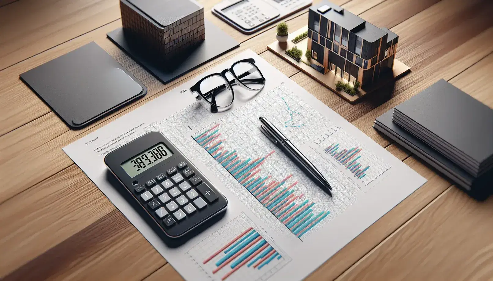 Mesa de madera con calculadora moderna, gráficos de colores, maqueta de edificio gris, smartphone, bolígrafo plateado y gafas, en un entorno profesional.