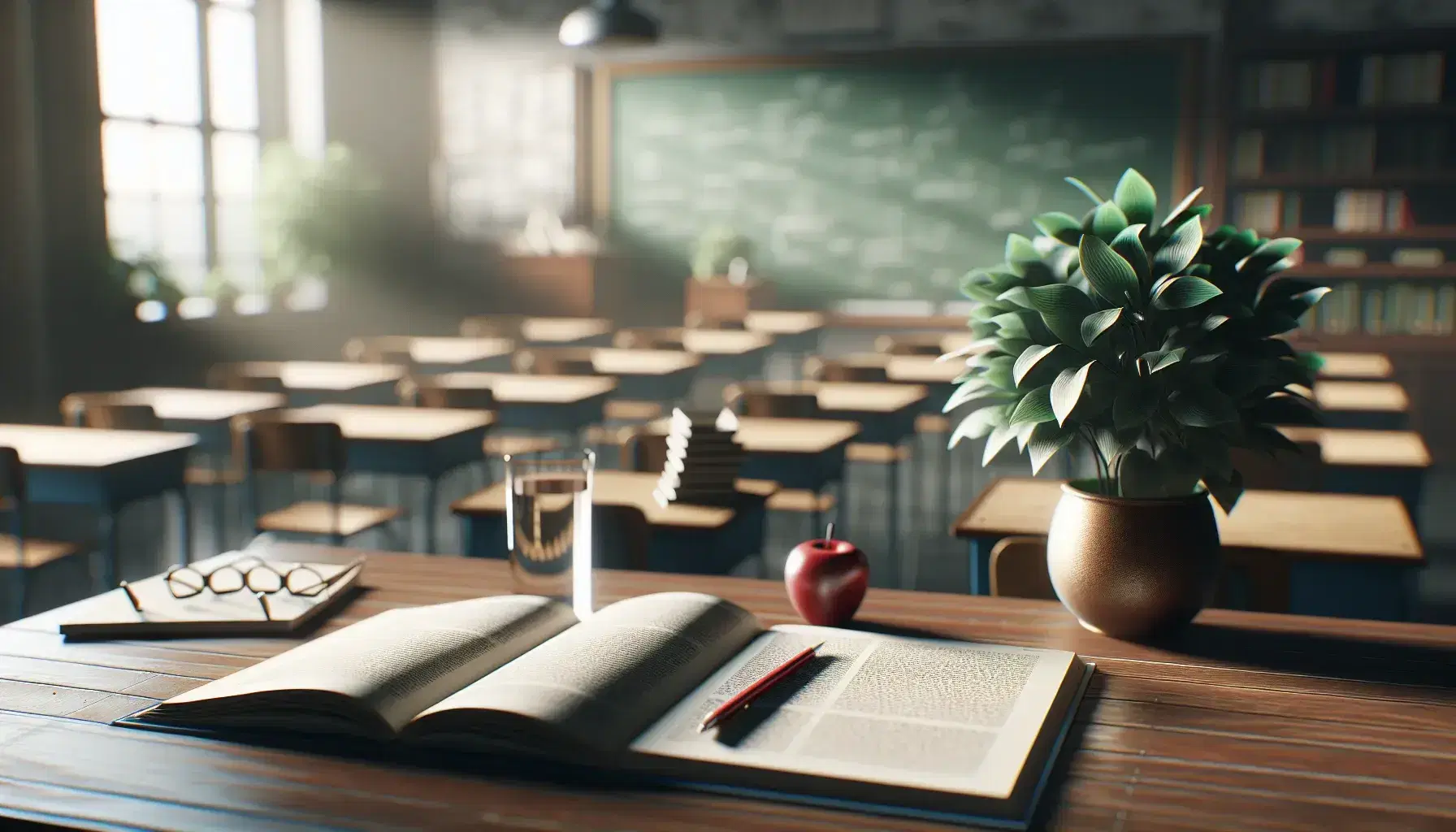 Classroom scene with teacher's desk featuring an open textbook, stack of papers with a red pen, potted plant, and glass of water, in soft natural light.