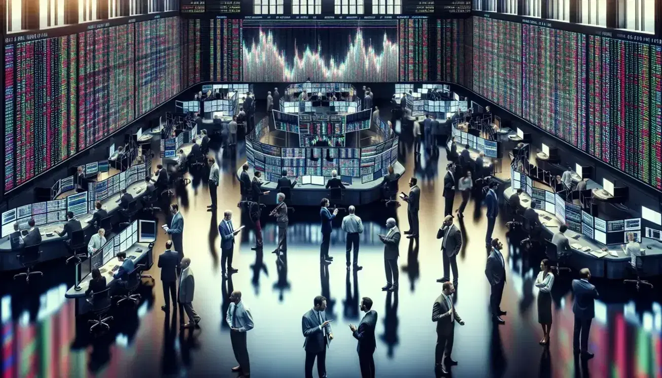 Diverse traders in suits and business casual engage in active stock trading on a floor with monitors displaying colorful graphs and a prominent digital ticker.