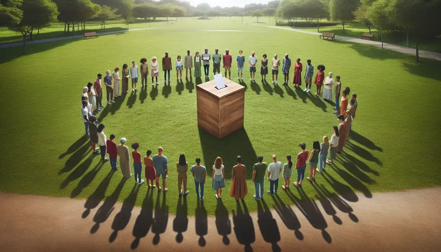 Diverse group of people in a park encircling a wooden ballot box on a table, one individual casting a vote on a sunny day.