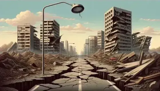 Paisaje de desastre tras terremoto con carretera agrietada, farola inclinada y edificios dañados bajo cielo azul claro.