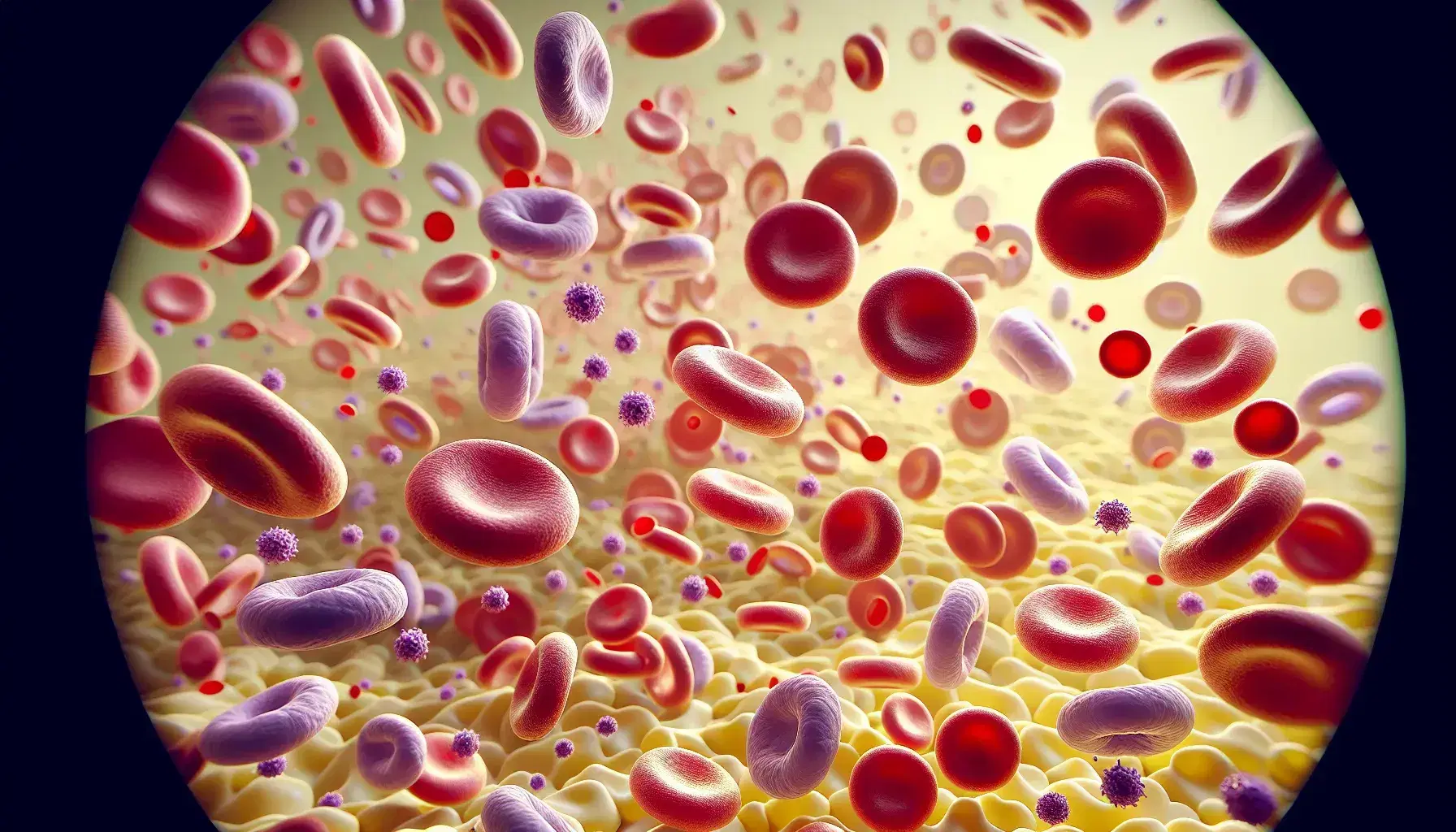 Vista microscópica de sangre humana con eritrocitos rojos, leucocitos con núcleo y plaquetas moradas en plasma amarillento.