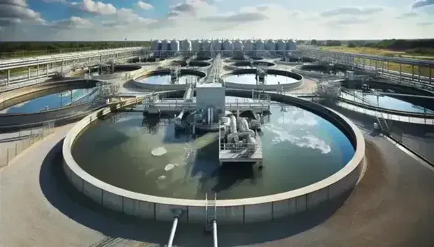 Planta de tratamiento de aguas residuales con tanque circular y superficie reflejante bajo cielo azul, rodeado de estructuras y tuberías metálicas en día soleado.