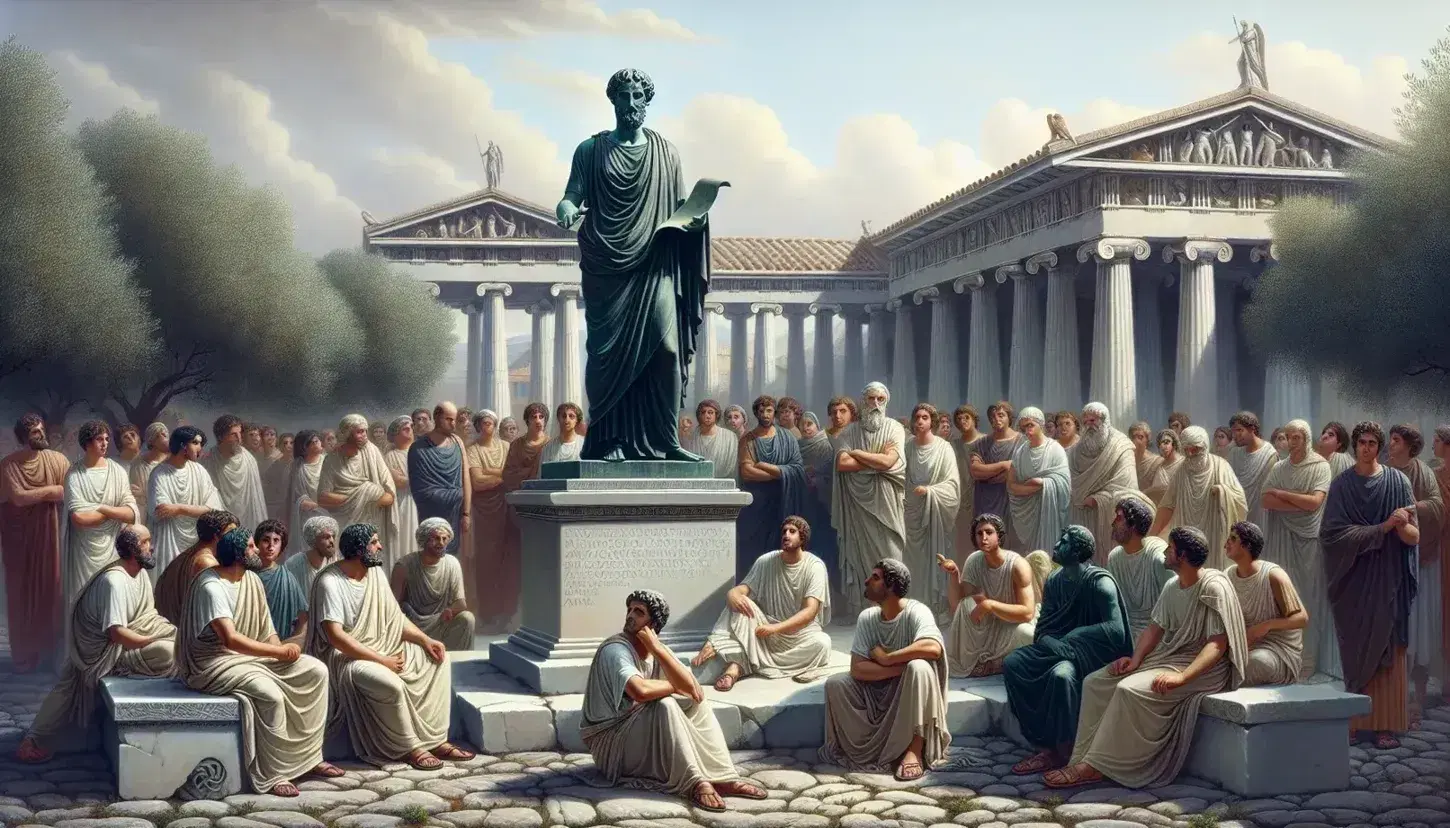 Agora greca antica con statua di sofista in bronzo e ascoltatori attenti tra colonne di marmo e ulivi sotto cielo azzurro.