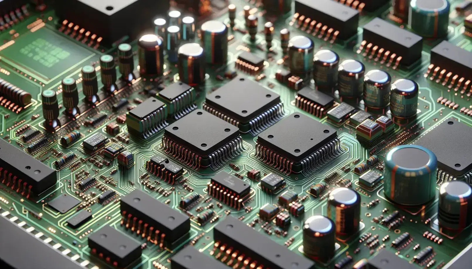 Close-up of an electronic board with integrated circuits, colored resistors, capacitors and diodes on a green printed circuit board without legible symbols.