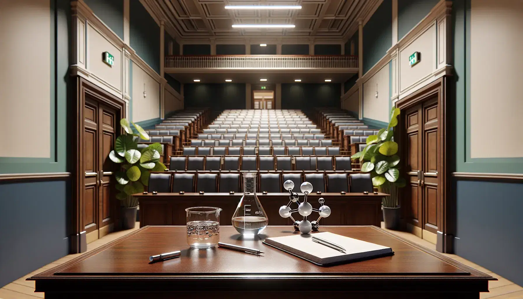 Empty university classroom with wooden table, beaker, atomic model and pen, chairs with writing desks and green plant, natural and artificial lighting.