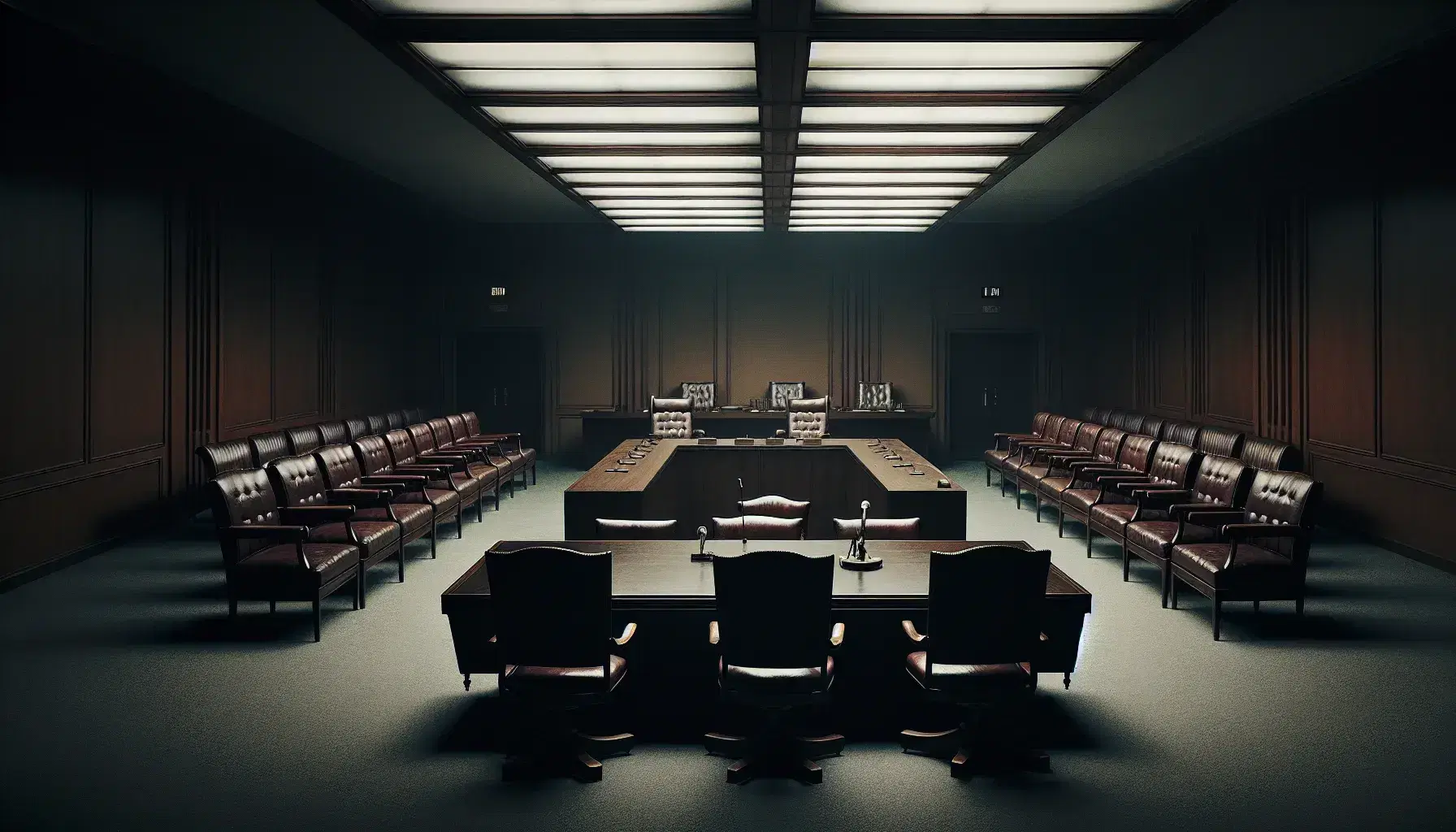 1950s-style hearing room with empty high-backed chairs, a raised overseer's chair, tiered public seats, and stark fluorescent lighting.