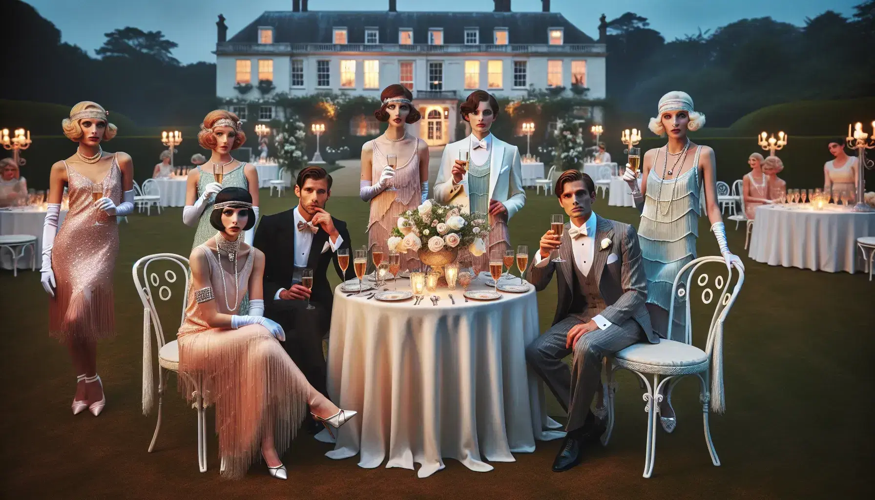 Elegant 1920s garden party at twilight with guests in flapper dresses and suits, champagne on tables, and a mansion backdrop with soft lighting.