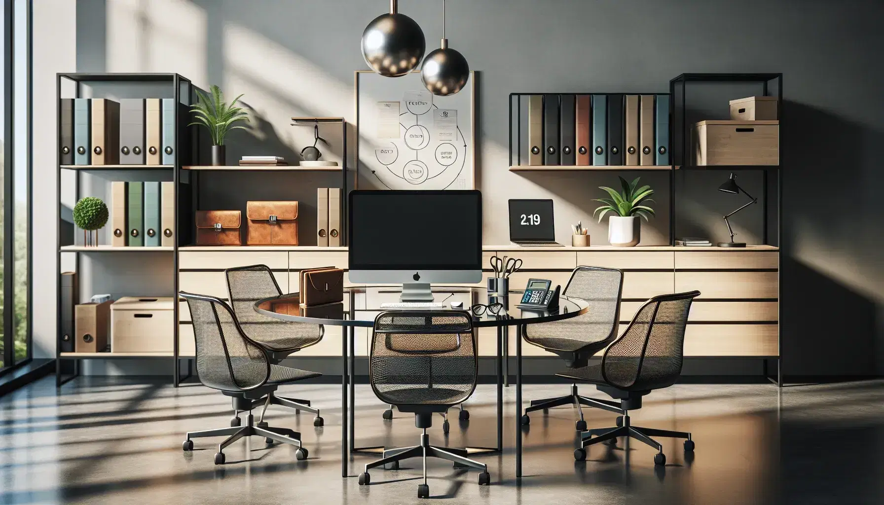 Oficina moderna y espaciosa con mesa redonda de vidrio, sillas ergonómicas negras, planta interior, escritorio de madera con ordenador y estantería con carpetas de colores.