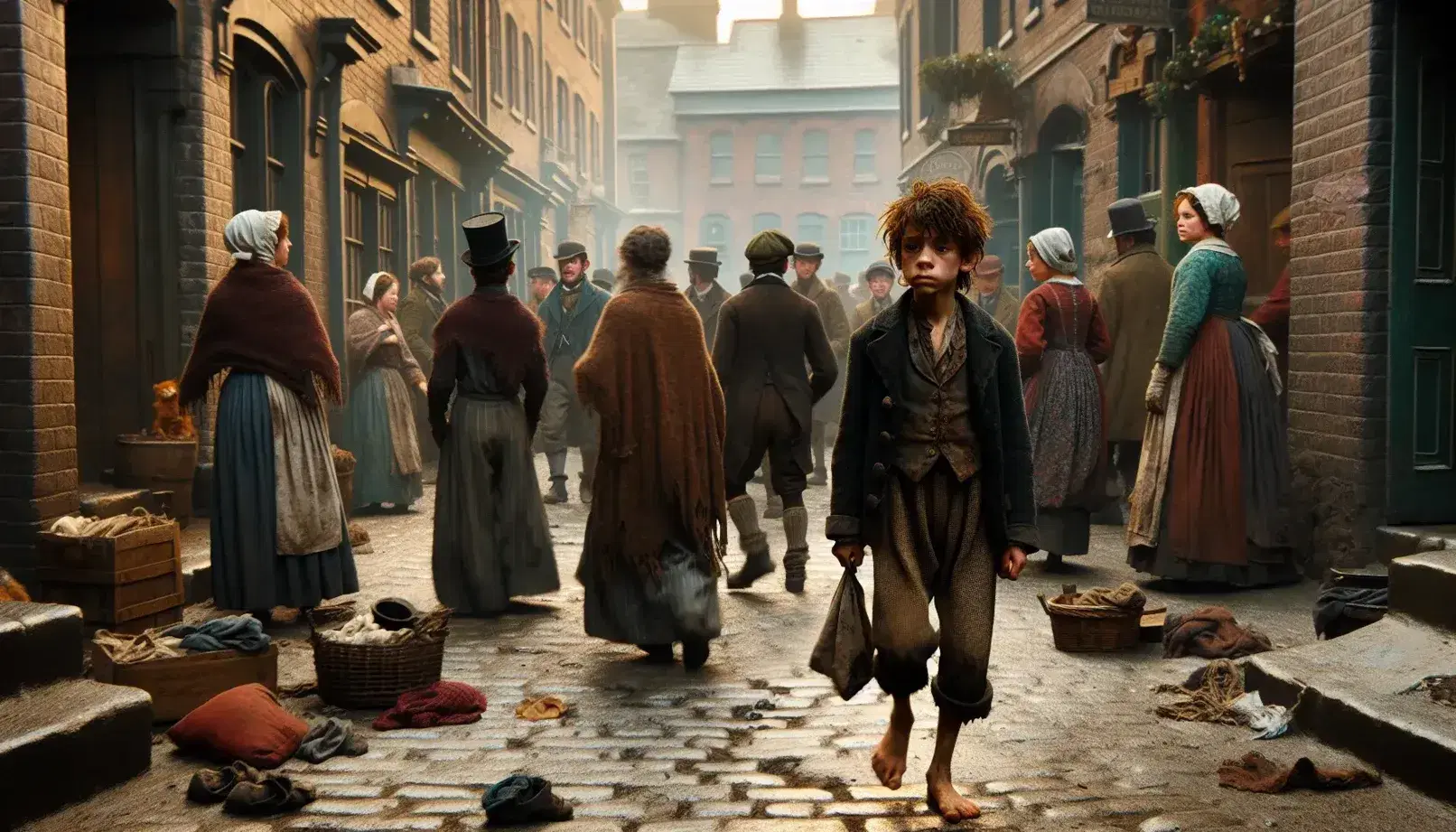 Niño descalzo con ropa desgastada camina por calle adoquinada en escena victoriana con gente en atuendos de época y edificios antiguos bajo cielo nublado.