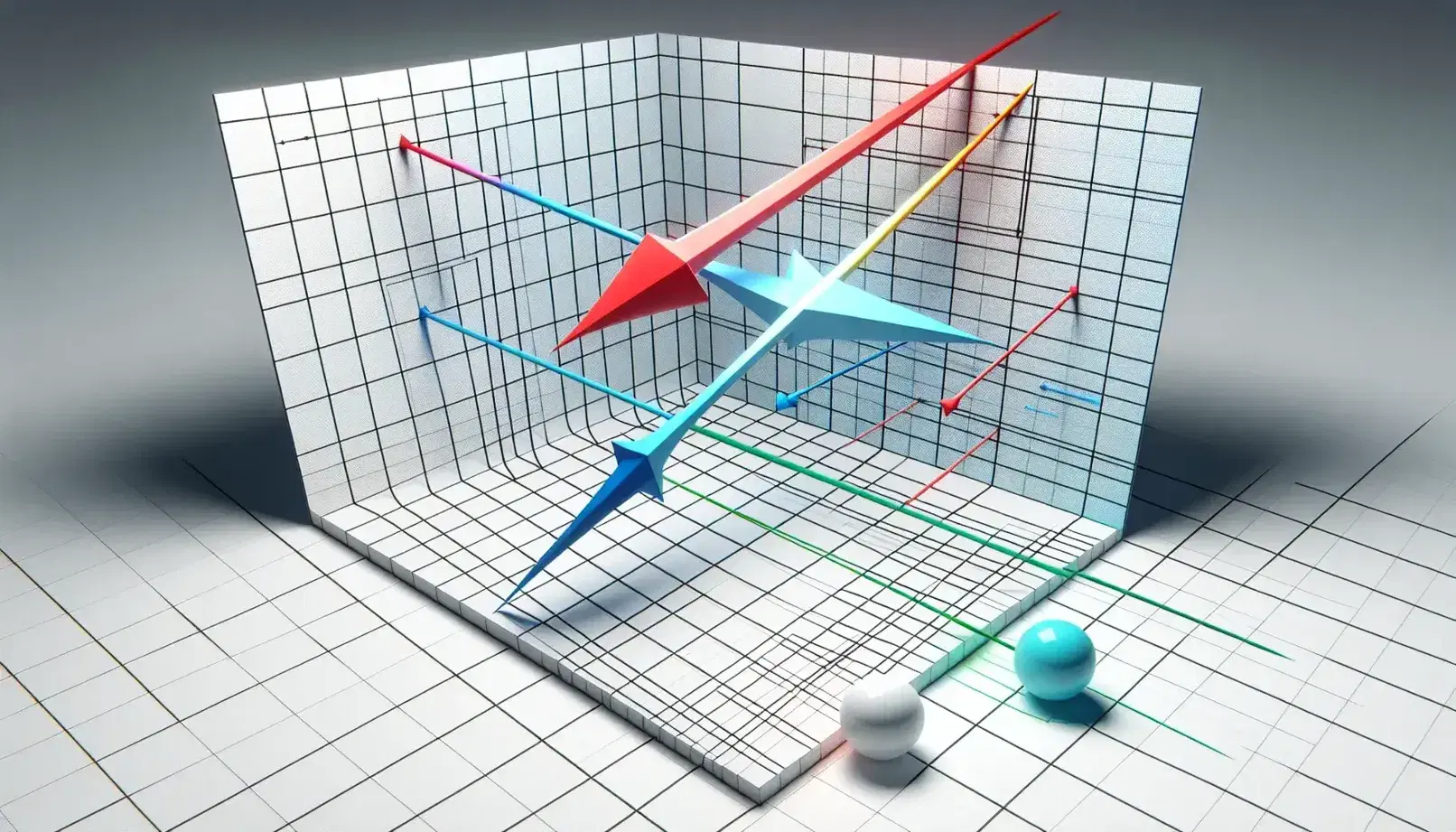 Three-dimensional vectors in red, blue, and green extend from the origin on a grid background with scattered gray spheres, illustrating vector addition.