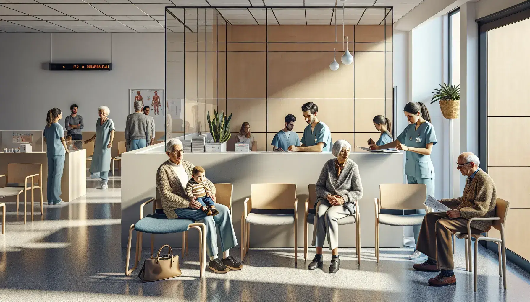 Diverse patients seated in a clean Spanish clinic waiting room with a healthcare worker at the reception and a visible examination room.