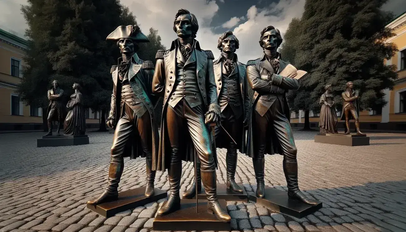 Estatuas de bronce a tamaño real de tres hombres con uniformes militares del siglo XIX en una plaza adoquinada, bajo un cielo azul y rodeados de árboles.