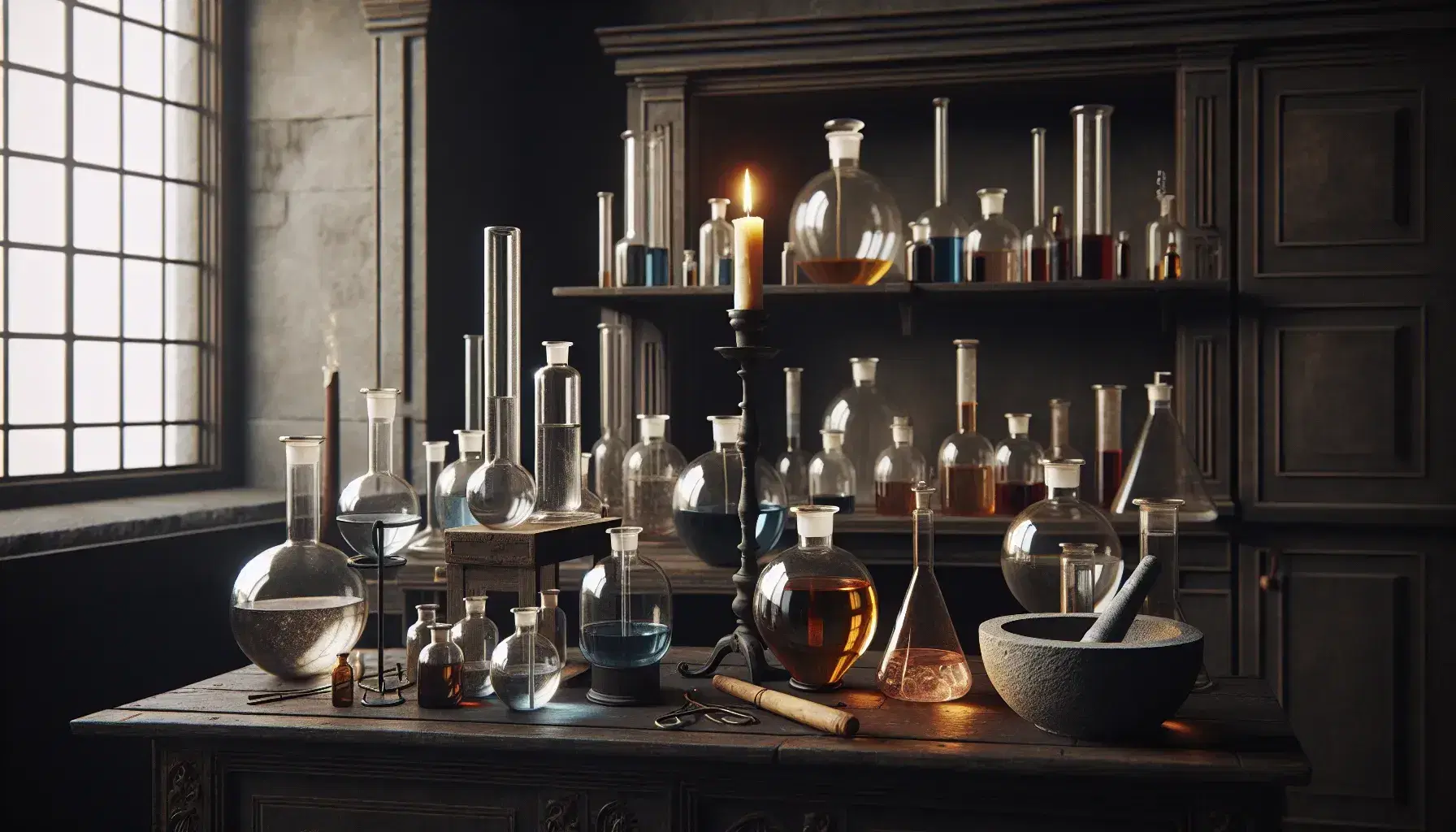 Laboratorio antiguo con mesa de madera oscura y frascos de vidrio, vela encendida, mortero y estantes con tarros de líquidos coloridos.