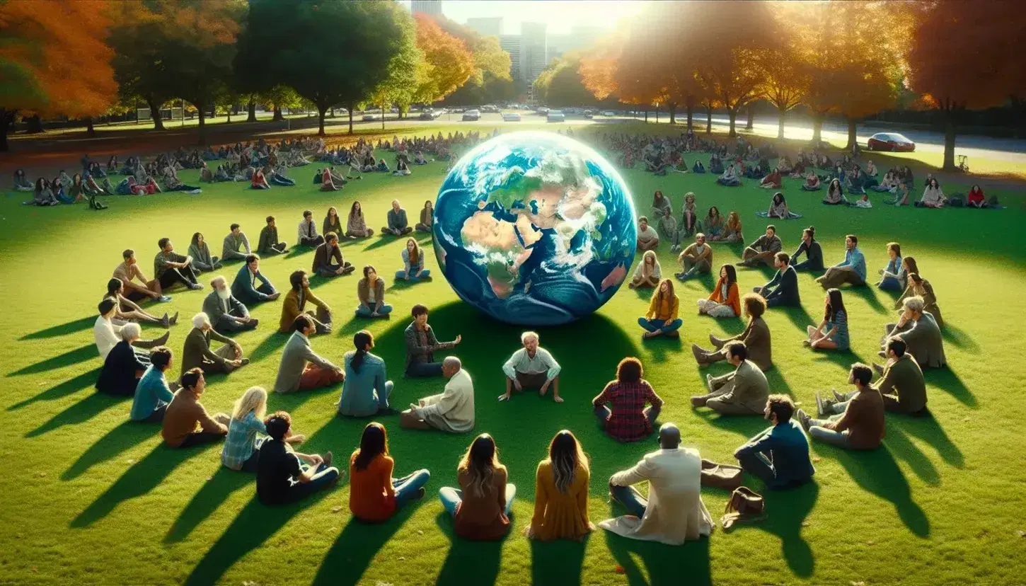 Grupo diverso de personas sentadas en círculo alrededor de un globo terráqueo en un parque, reflejando interés y comunicación en un día parcialmente nublado.