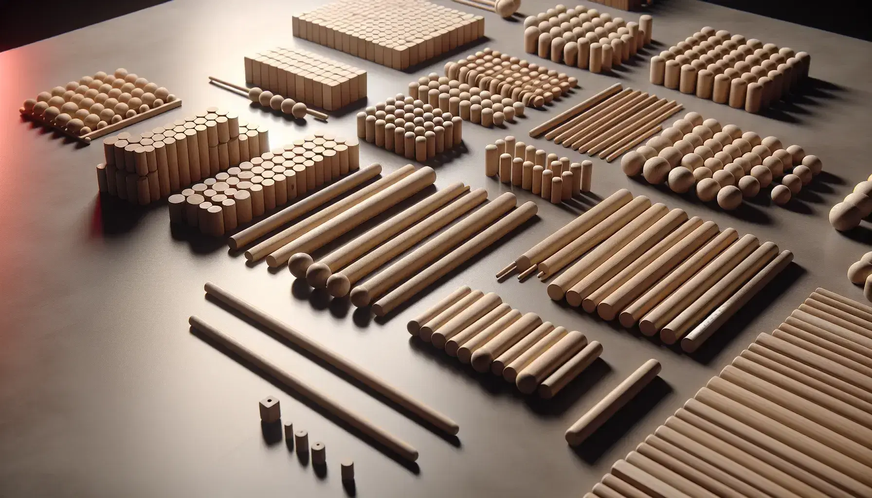 Wooden counting rods arranged in groups from one to ten on a dark tabletop, with out-of-focus geometric blocks in the background.