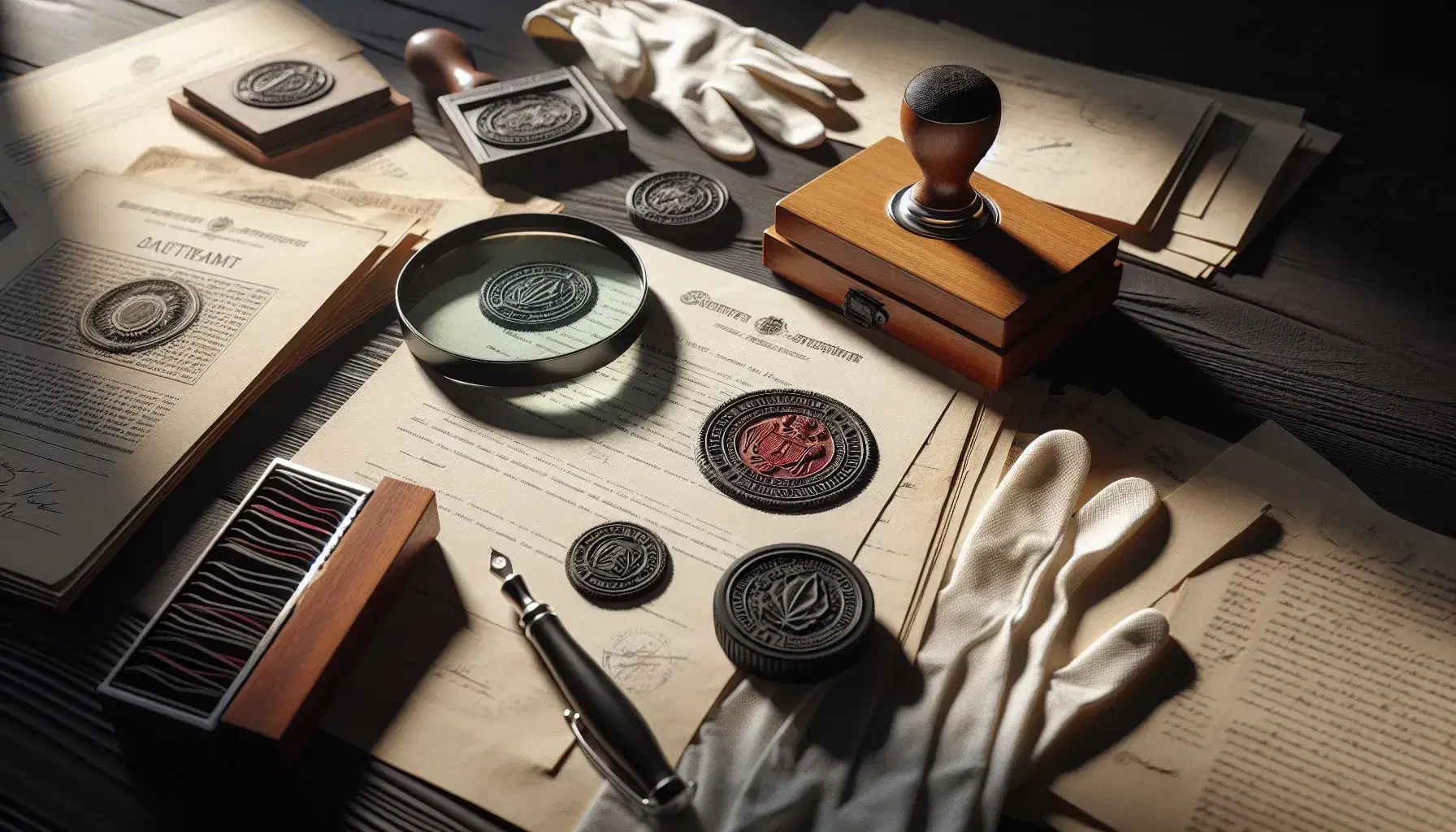 Mesa de madera oscura con documentos variados, algunos con sellos oficiales, sello de goma y tampón de tinta roja, lupa de mango metálico y guantes de algodón blancos.