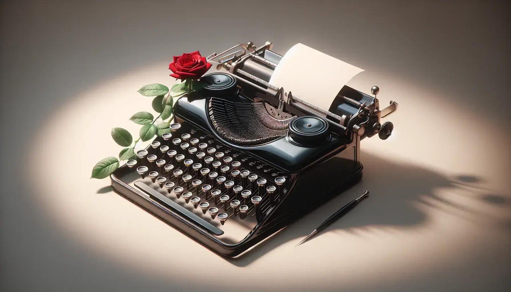 Vintage black typewriter with blank keys and a red rose on a reflective surface against a neutral background, evoking a serene, nostalgic mood.