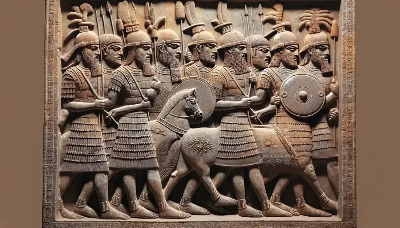 Relieve asirio antiguo mostrando guerreros marchando y rey en carroza, con armaduras detalladas, escudos, lanzas y caballos adornados.
