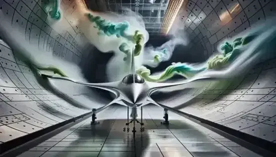 Wind tunnel test with a sleek aircraft model amid neon green smoke streams visualizing airflow, highlighting aerodynamic design and flow patterns.