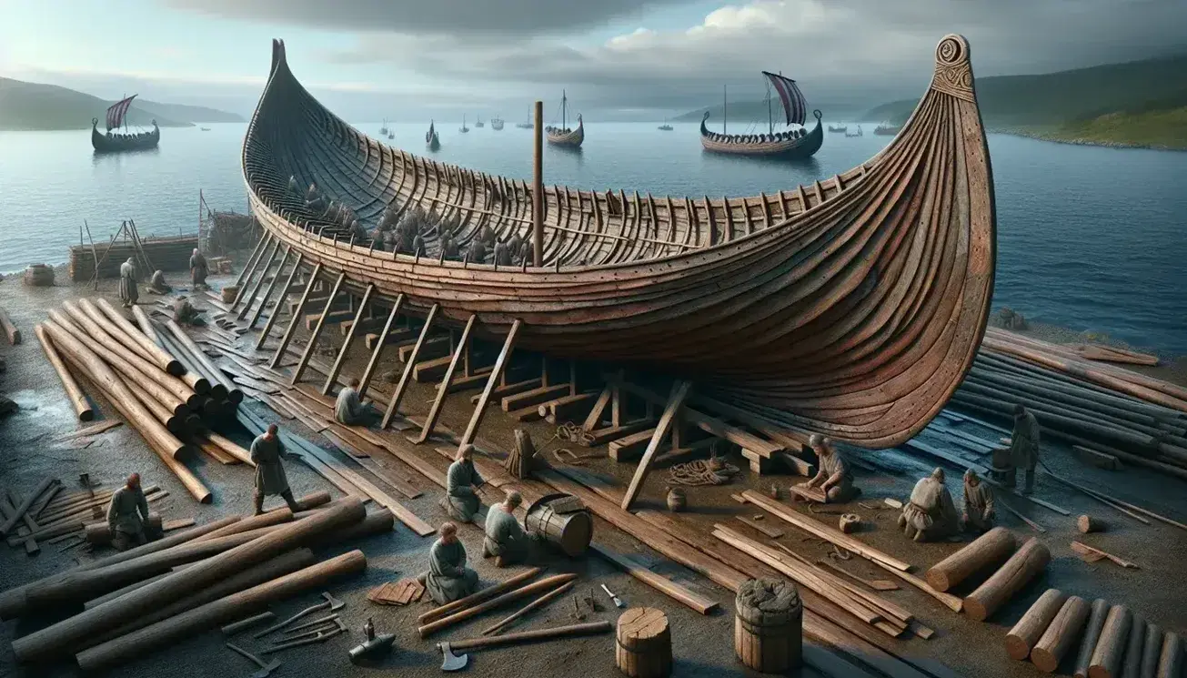 Viking longship under construction with clinker-built hull, workers hewing logs and caulking seams in a traditional boatyard by a fjord.