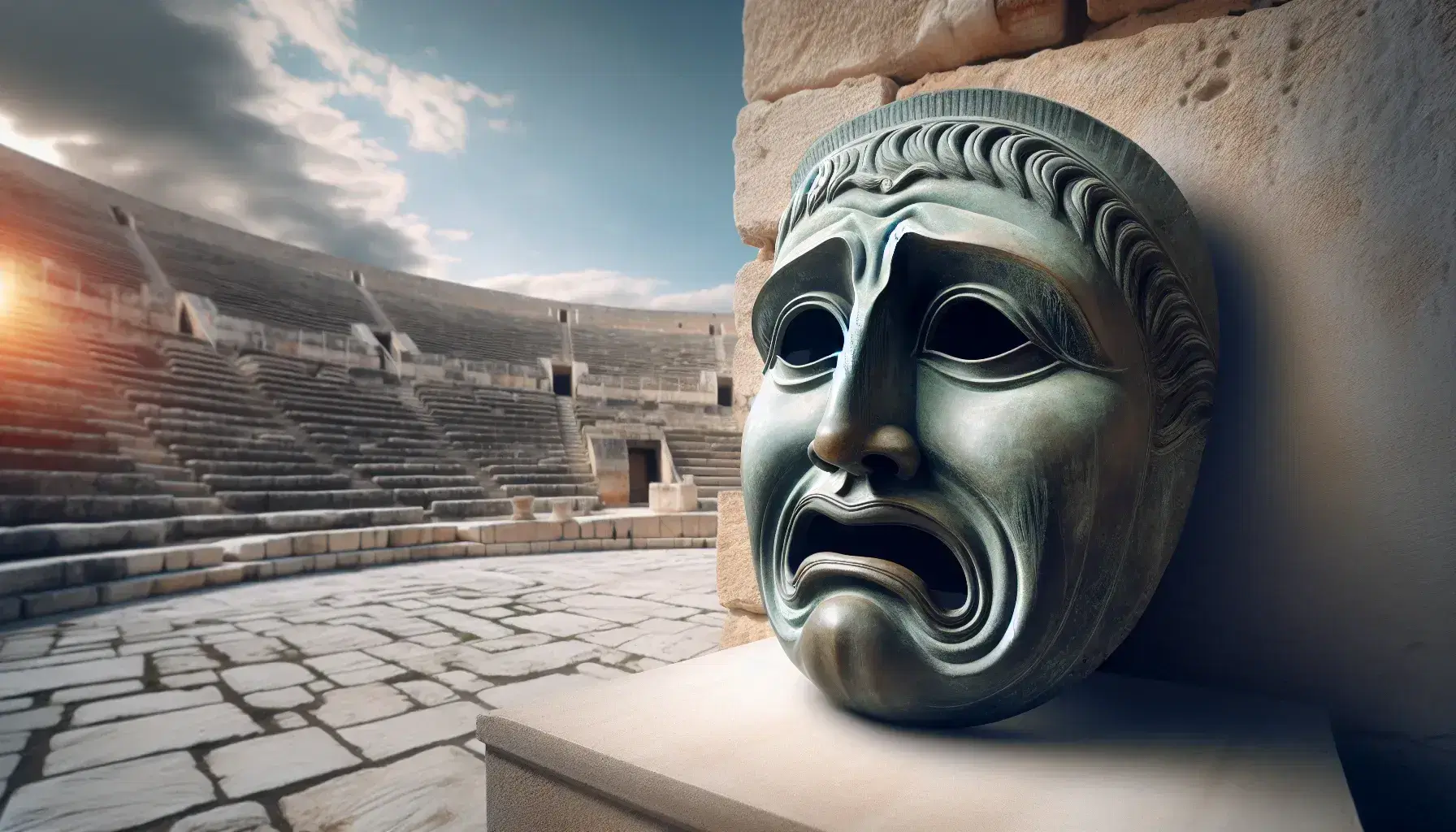 Maschera teatrale greca in bronzo con espressione tragica su piedistallo di pietra, sfondo di teatro antico e cielo azzurro.