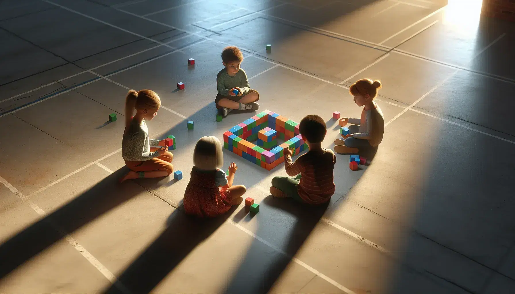 Tre bambini seduti a terra formano un cerchio mentre costruiscono una struttura tridimensionale con cubi colorati in un ambiente luminoso.