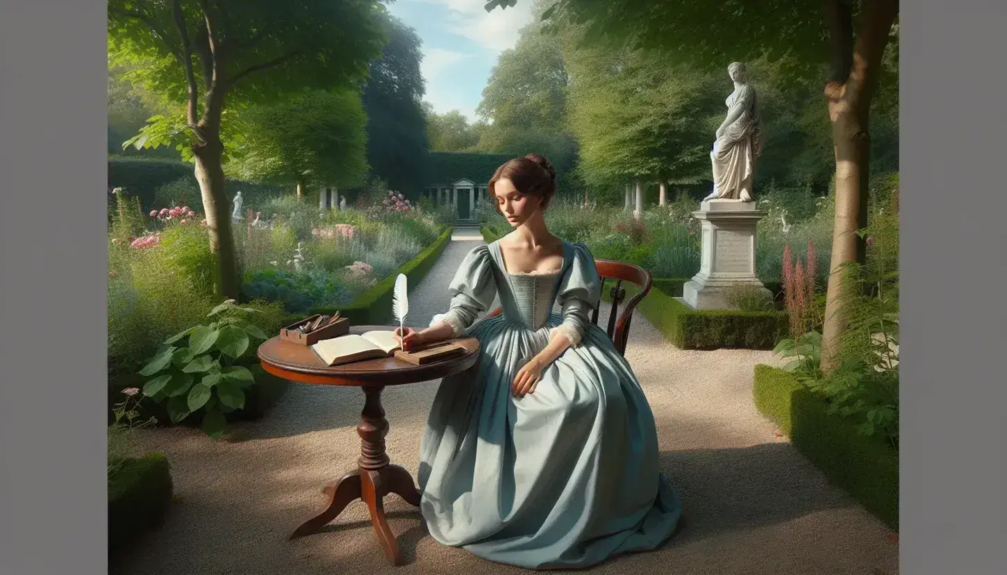 Giovane donna in abito d'epoca azzurro seduta su panchina in giardino rigoglioso, con libro e penna d'oca su tavolo, statua marmorea sullo sfondo.