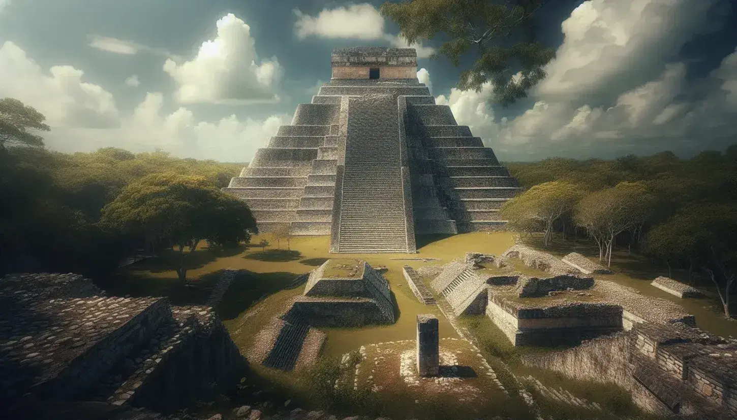 Vista panorámica de las ruinas mayas con pirámide escalonada central, estructuras menores y vegetación exuberante bajo cielo azul.