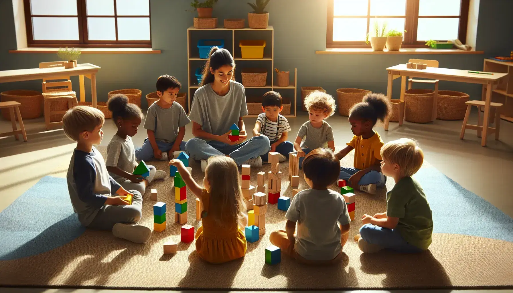 Niños pequeños jugando con bloques de construcción de colores primarios en una aula iluminada naturalmente, con una educadora asistiéndolos.