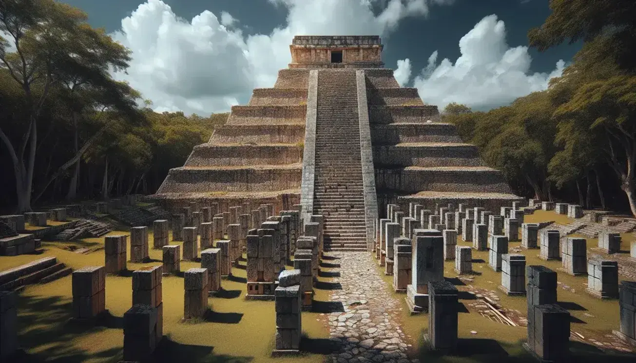 Pirámide escalonada de piedra con templo en la cima, rodeada de columnas antiguas y vegetación, bajo un cielo azul con nubes dispersas.