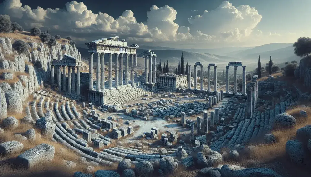 Vista panoramica di rovine antiche con tempio dorico eroso, resti di un'agora e teatro semicircolare sotto un cielo azzurro con nuvole sparse.