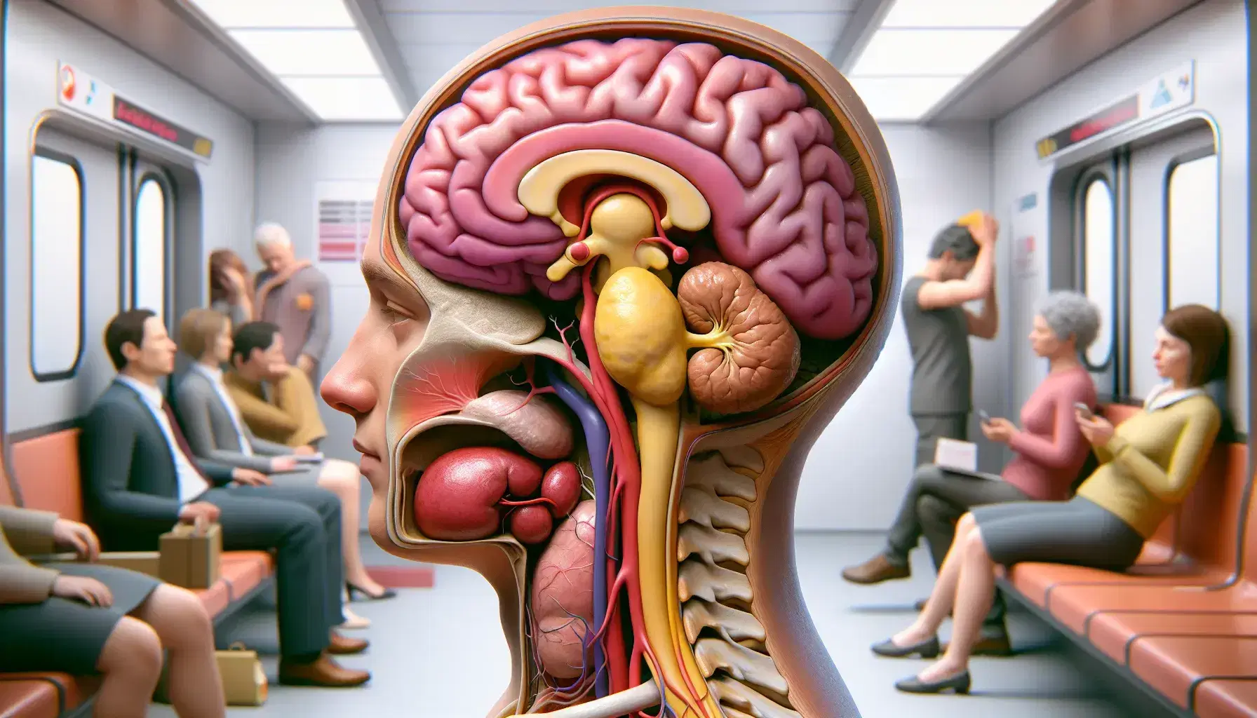 Anatomical representation of the human brain with gyri and grooves next to adrenal gland and kidney, background with stressed people.