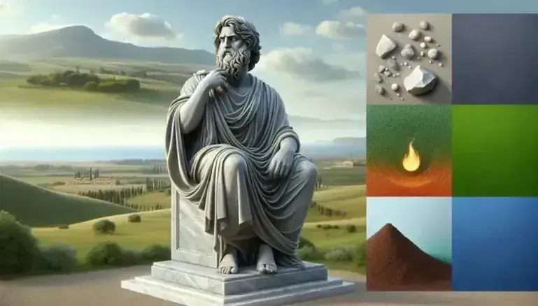 Statua realistica in pietra grigia del filosofo Empedocle su piedistallo di marmo, con simboli dei quattro elementi in primo piano e paesaggio antico sullo sfondo.