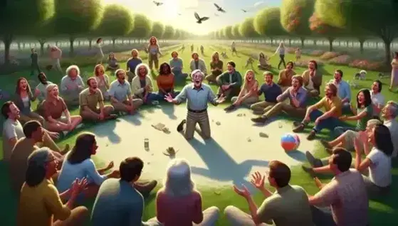 Grupo diverso disfrutando de un cuentacuentos al aire libre en un parque, con risas y un balón colorido en primer plano.