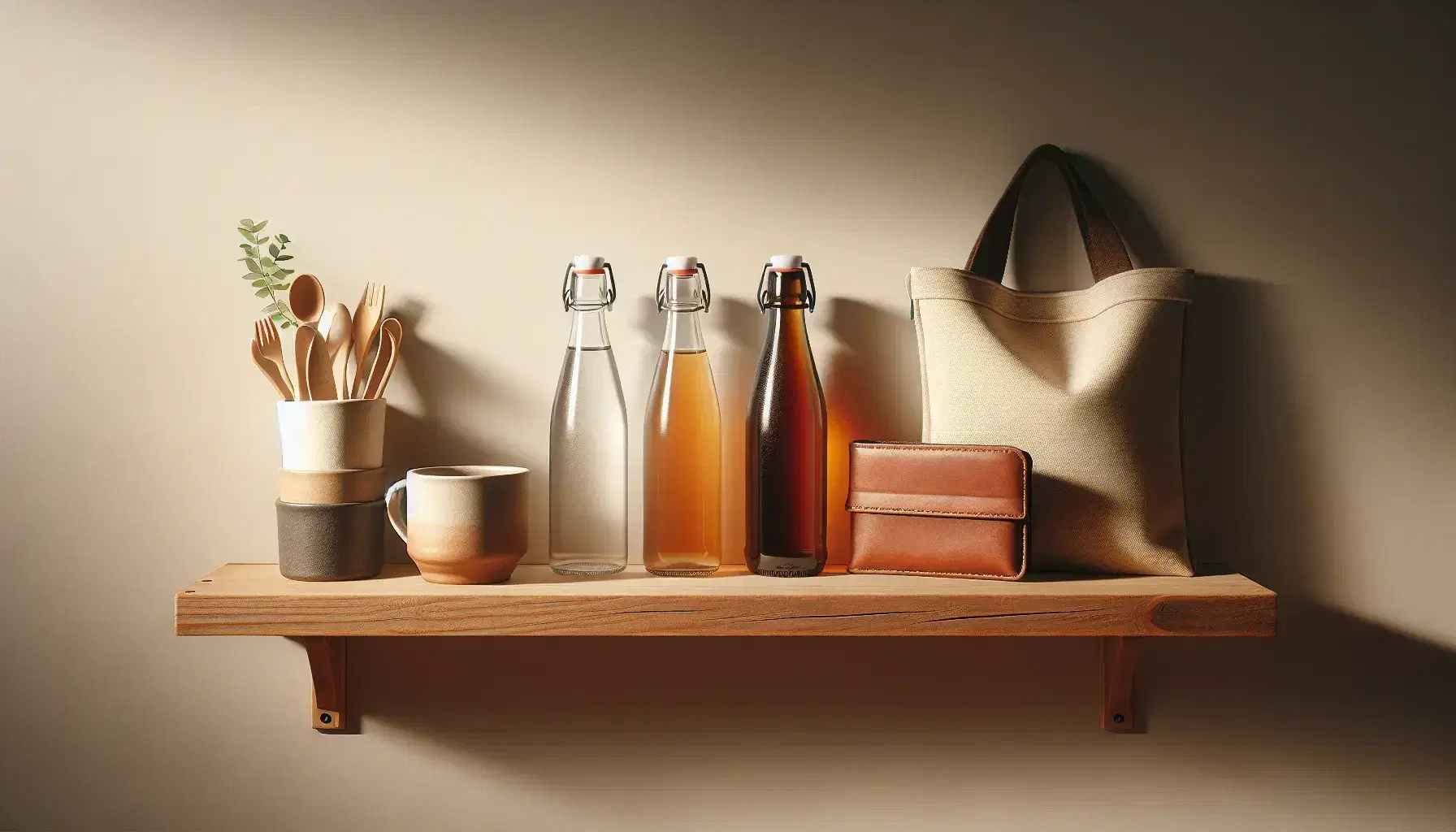Estante de madera con tazas de café cerámicas, botellas de agua y refresco, bolsa de tela y cartera de cuero, representando bienes complementarios y sustitutos.