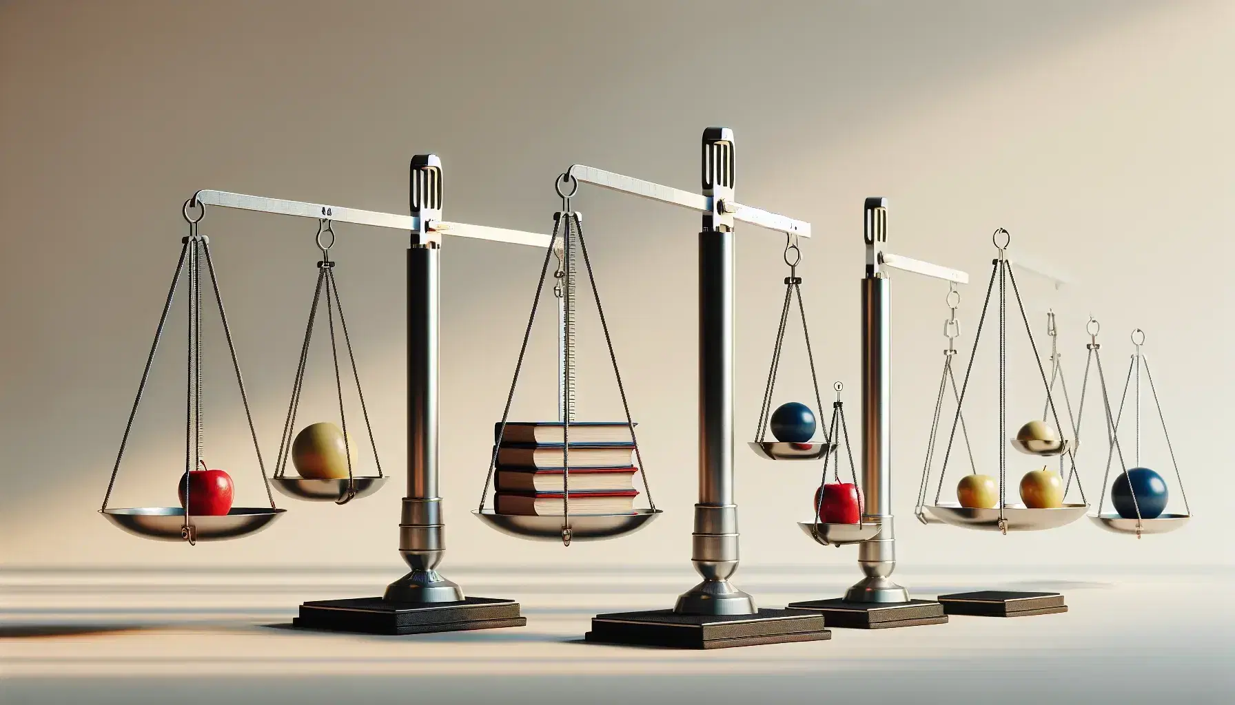 Bilance a bracci in equilibrio con oggetti proporzionali: piccola e grande mela rossa, libri blu e sfere gialle su sfondo neutro.
