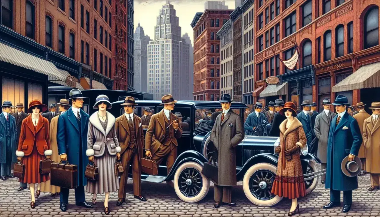 1920s city street with elegantly dressed crowds, vintage cars on cobblestones, and classic brick and stone architecture.