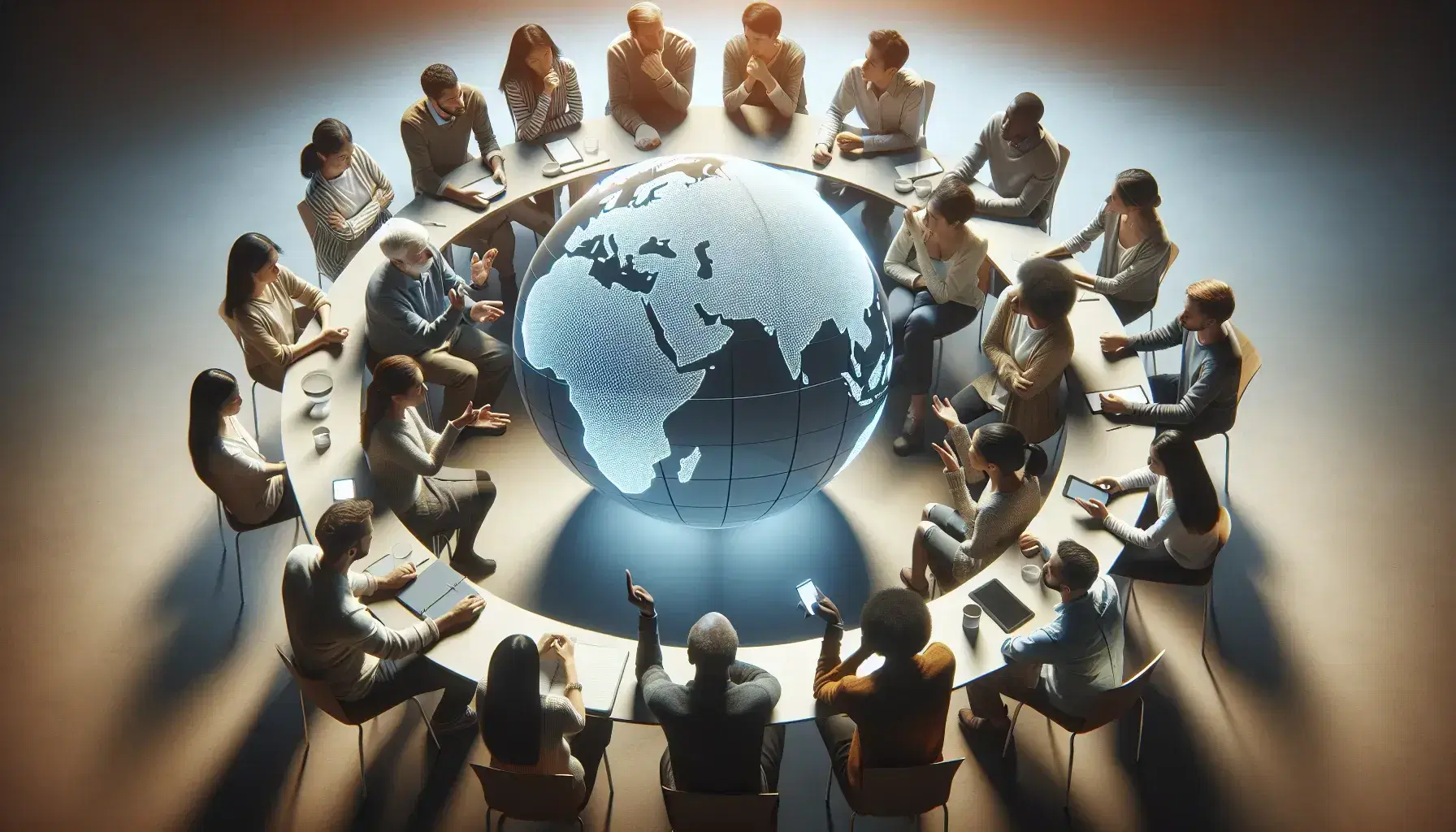 Grupo diverso de personas en discusión activa alrededor de una mesa con un globo terráqueo, destacando la colaboración y el intercambio de ideas.