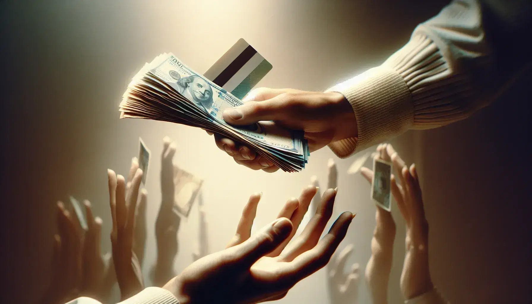 Primer plano de manos intercambiando dinero por tarjeta plástica, con billetes de colores y tarjeta sin marcas en fondo desenfocado de oficina.
