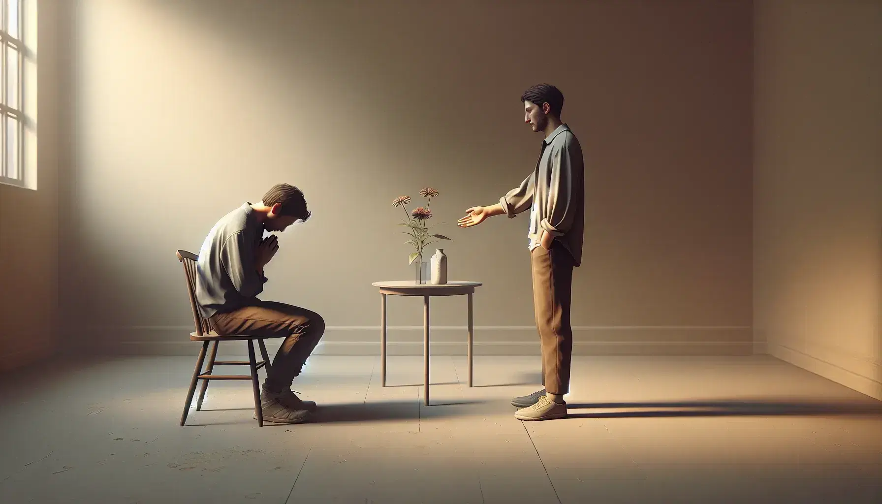 Two individuals in a calm setting, one standing with a hand on their chest gesturing an apology to the attentive seated person, beside a table with a simple vase and flower.