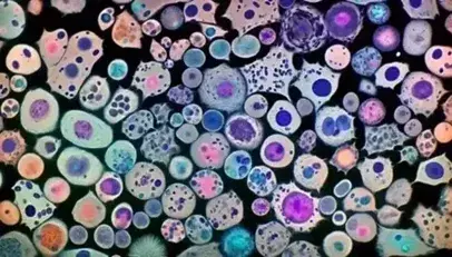 Microscope photograph of colorful human cells, with highlighted purple and blue nuclei on a black background.