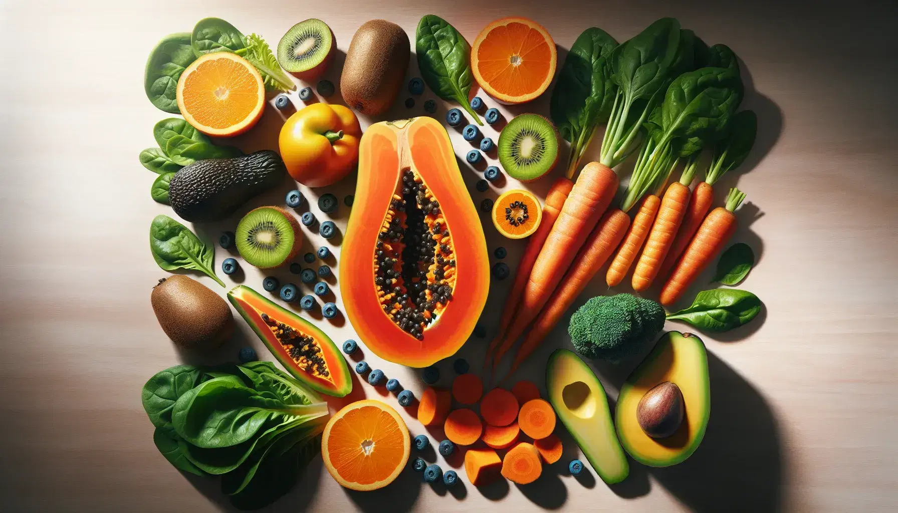 Variedad de frutas y verduras frescas sobre superficie de madera clara, con papaya partida al centro, zanahorias, espinacas, lechuga, rodajas de kiwi, arándanos y aguacate.