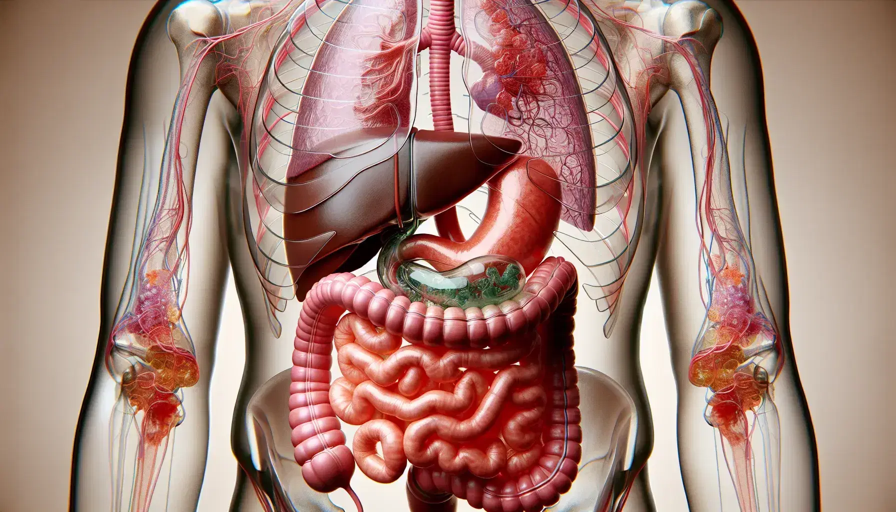 Vista anatómica del sistema digestivo humano con torso transparente mostrando esófago, estómago, intestinos delgado y grueso, hígado y vesícula biliar.