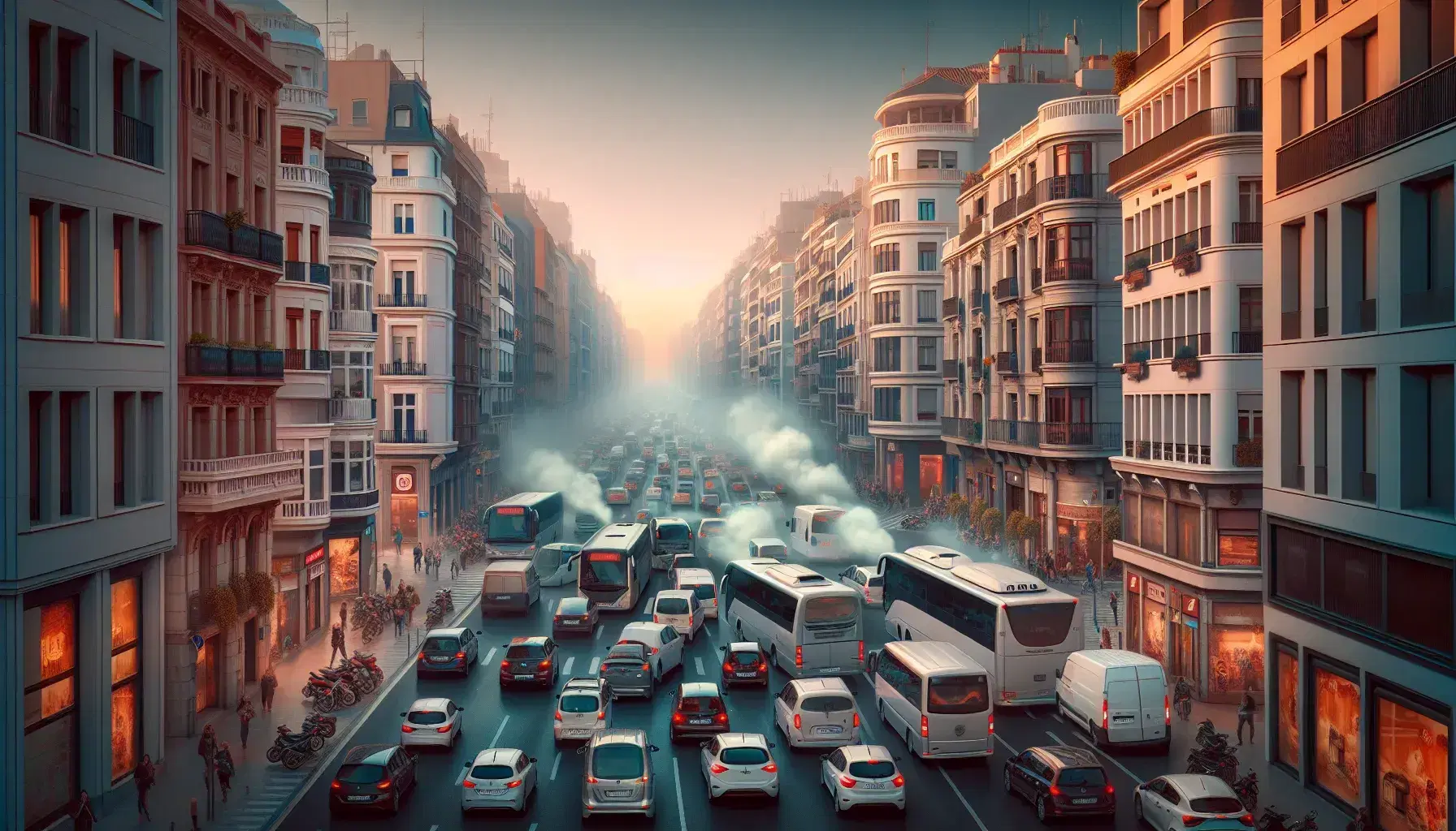 Busy Spanish city street with traffic jam, exhaust fumes, mixed architecture, pedestrians in masks, and a smoggy mountain backdrop.