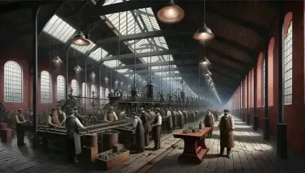 Scena di fabbrica dell'epoca industriale con operai in abiti funzionali tra macchinari pesanti, tavolo da lavoro in legno e luce naturale da grandi finestre.